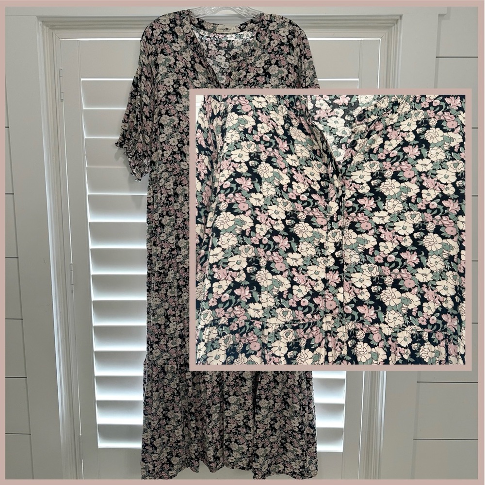 NATURAL LIFE Maxi Dress Tiered Black and Pink Floral Boho Hippie sz LARGE